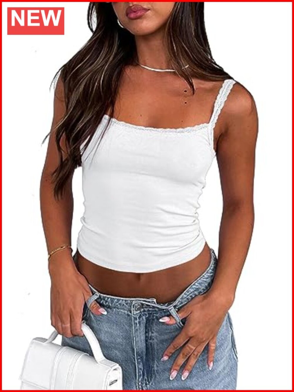 Spaghetti Strap Lace Trim Slim Fit Cami Tank Top